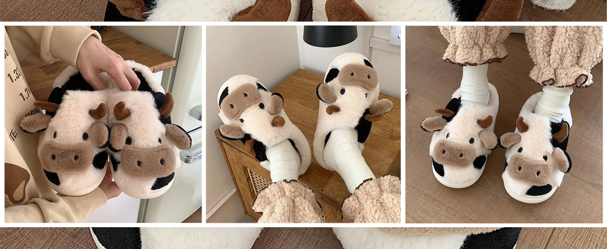 Shevalues Plush Cartoon Milk Cow Slippers Winter Women Slippers Furry Non-Slips Women Cotton Slides Couples Soft Cozy Flat Shoes.