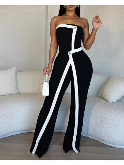 Elegant Colorblock Patchwork Asymmetrical Bandeau Sleeveless Slim Fit Jumpsuit Women Button Decor Overall for Lady Office.