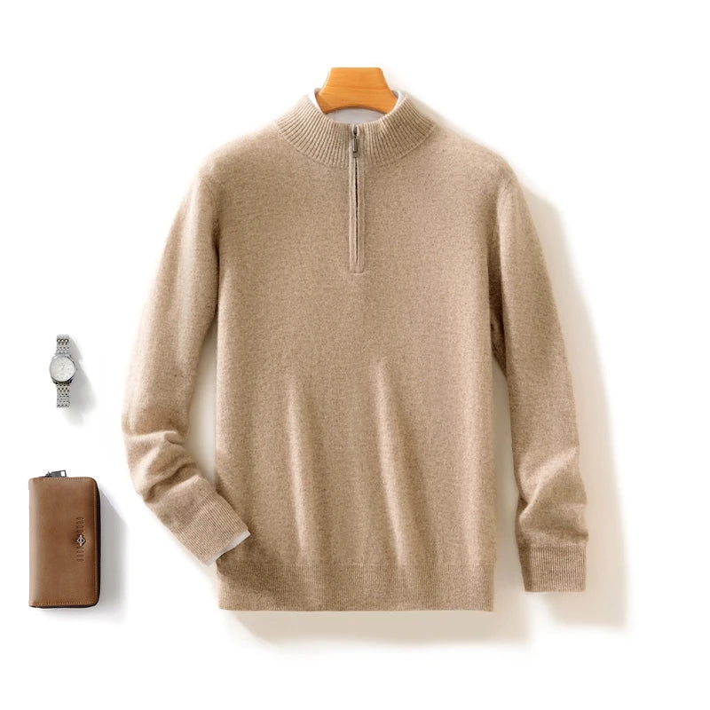 Autumn Winter Men's 100% Merino Wool Sweater Mock Collar Half Zip Knitted Pullover Cashmere Sweatshirt Casual Long Sleeved Tops.