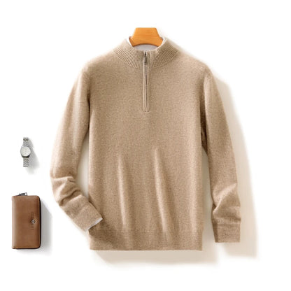 Autumn Winter Men's 100% Merino Wool Sweater Mock Collar Half Zip Knitted Pullover Cashmere Sweatshirt Casual Long Sleeved Tops.