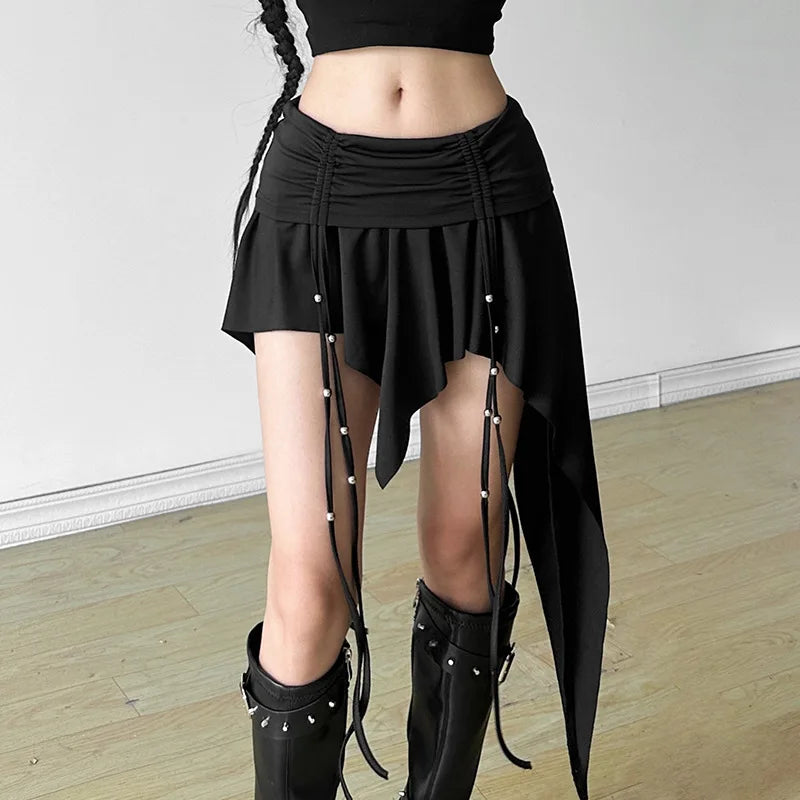 Goth Dark Mall Gothic Dropped Waist Drawstring Mini Skirt Punk Grunge Women Irregular Hem A-line Skirts Chic E-girl Techwear Y2K
