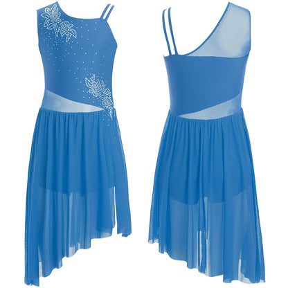 6–16 Jahre Mädchen, modernes lyrisches Tanzkleid, ärmellos, glänzender Strass-Trikot, Tanzkleidung für Skating, Gymnastik, akrobatische Leistung.