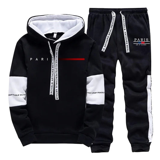 2025 Trendy Paris Print Hooded Tracksuit Men Winter Autumn Casual Jogging Outfit Athletic Sportswear Sweatpants Men's Clothes.