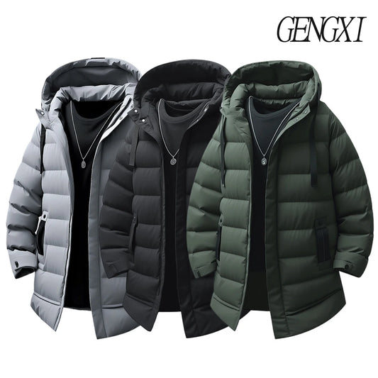 New Winter Men's Mid-Length Cotton-Lined Coat Business-Casual Windproof Warmth Fashionable Hooded Jacket Stylish Menswear.