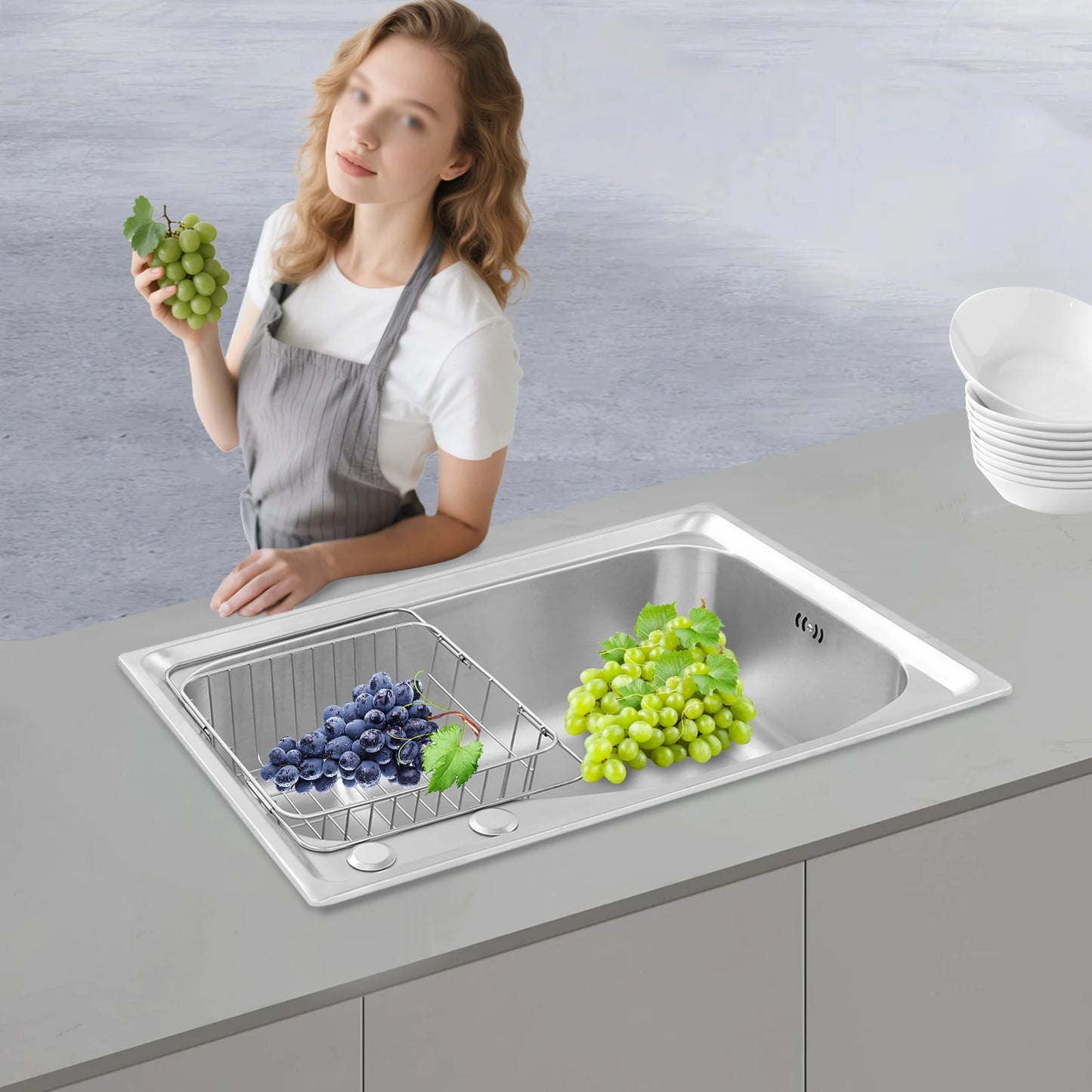 Stainless Steel Kitchen Sink Set, Single Bowl 25.6" Undermount/Overmount Sink with Draining Basket & Accessories