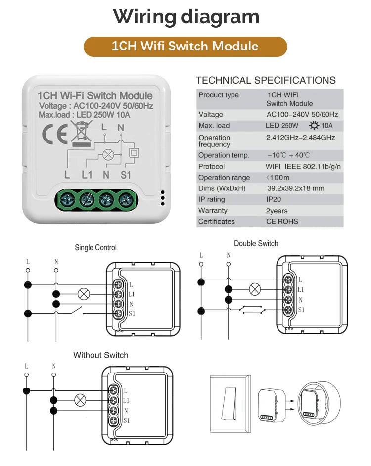 Tuya DIY Breaker Wifi Smart Light Switch Modul 10A 100-240V Zwei-Wege App Fernbedienung Arbeit mit Alexa Google Home 1/2/3/4Gang.