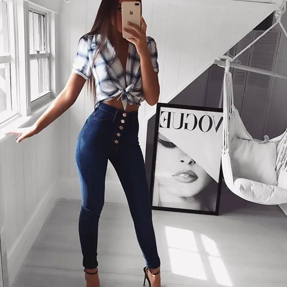 Women Jeans Wash Denim pant Sheath Ankle Length Pencil Pants Skinny Hot High Waist Slim Casual Basics Solid 2025 Button Pockets.