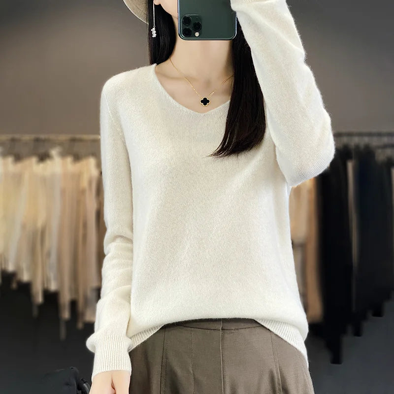 Women 100% Merino Wool Sweater V-Neck Basic Pullover Autumn Winter Cashmere Clothing Long Sleeve Soft Knitwear Tops Solid Color