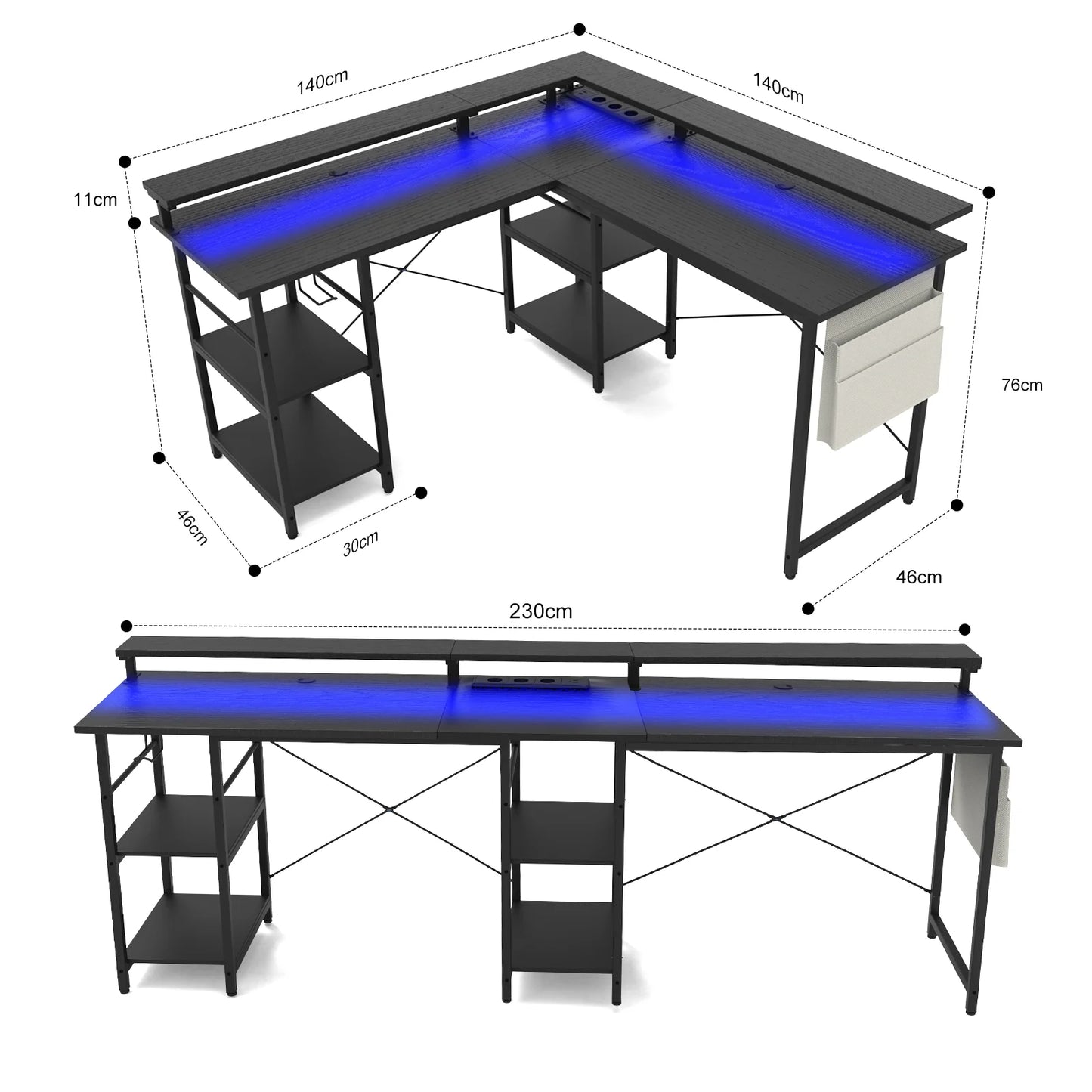 Moderner L-Schreibtisch, 2 in 1 Umwandelbar, 140/230cm, mit ergonomischer Monitortisch-Aufsatz, Power Hub, Gaming-Tisch