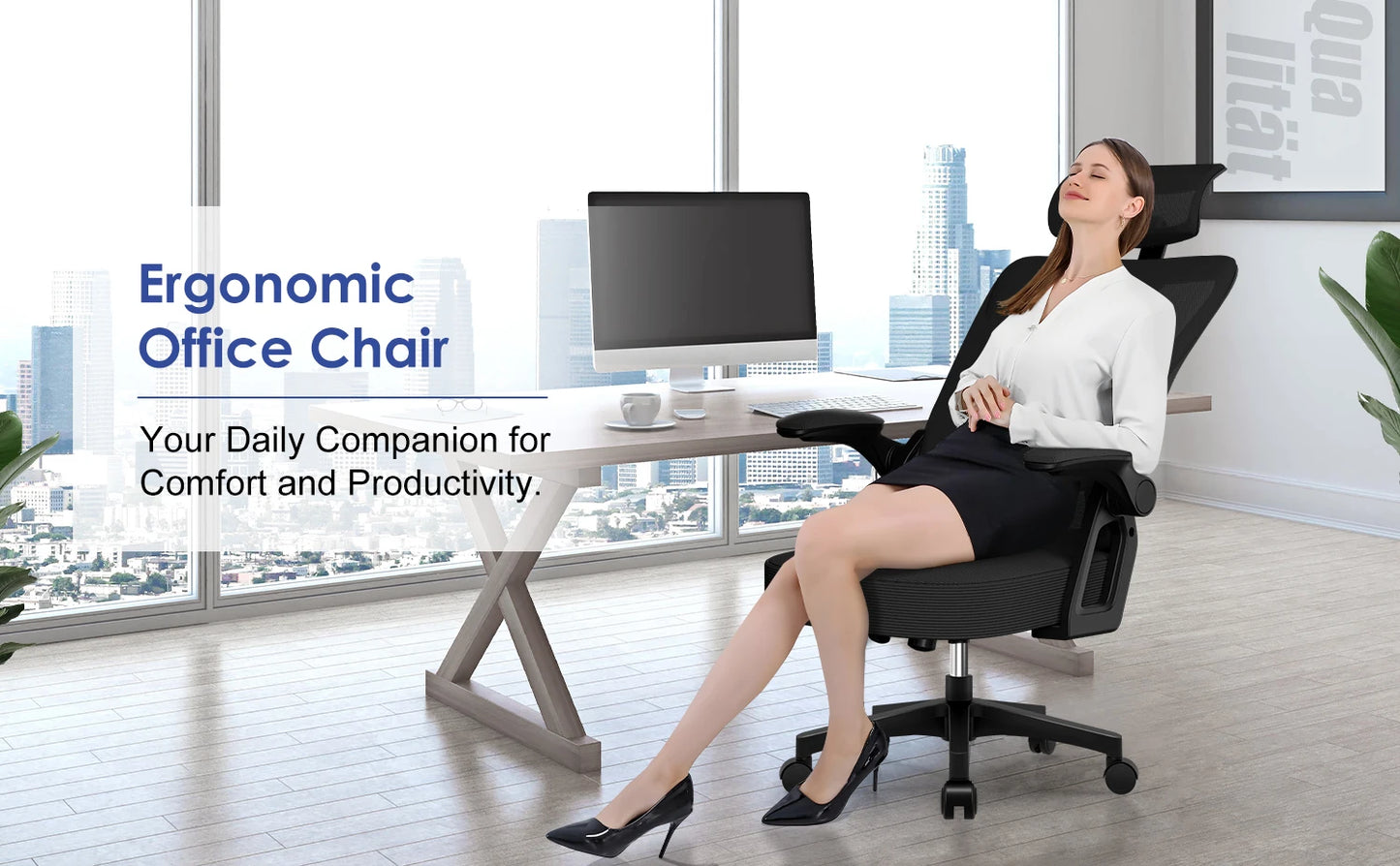 AUTHMIC Ergonomischer Bürostuhl – faltbare Armlehnen, verstellbare Rückenlehne, verstellbare Kopfstütze, verstellbare Lendenwirbelsäule, maximale Belastung 150 kg,