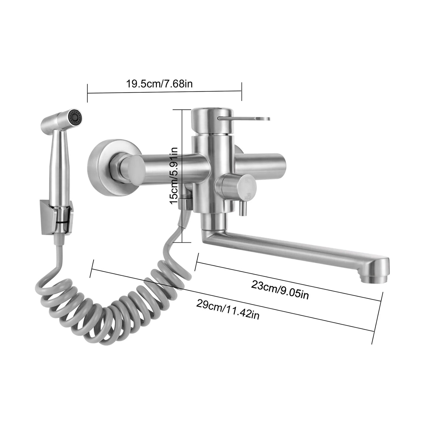 Wall-Mounted Kitchen Mixer Tap with Sprayer, 360° Swivel Stainless Steel Spout & Anti-Leak Design for Sink/Laundry, Black/Silver