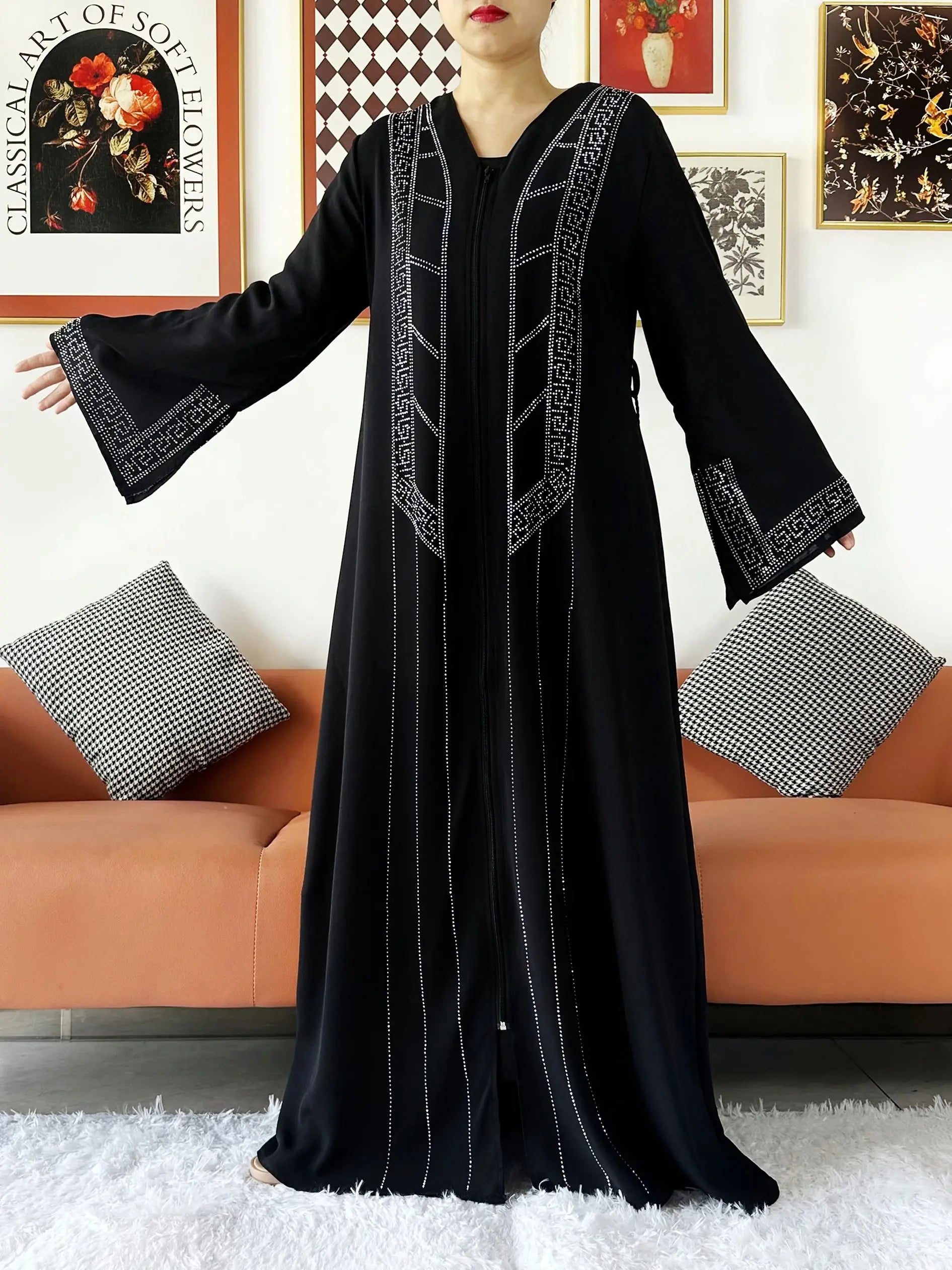 New Women Elegant Dress Chiffon Open Abaya with Zipper Muslim Women Dress Islamic Clothing Cardigan Abaya Women Muslim Dress.