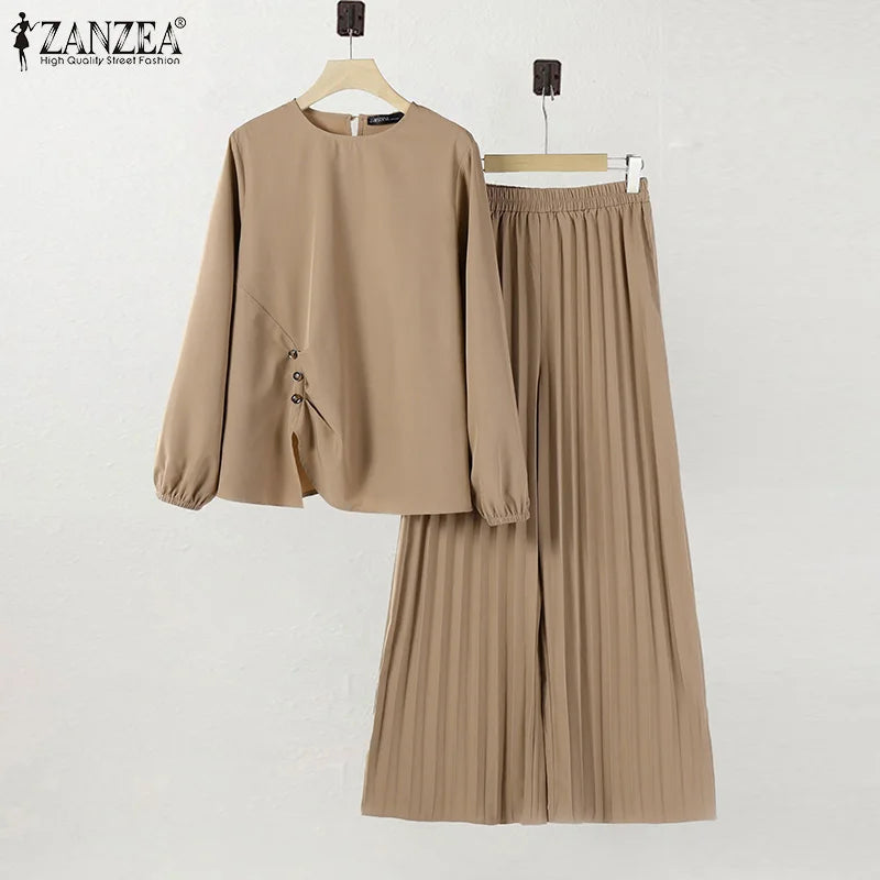 ZANZEA Muslim Sets Fashion 2pcs Women Long Sleeve Blouse Wide Leg Pant Sets Causal Spring Solid Work Outfits Islamic Clothing.