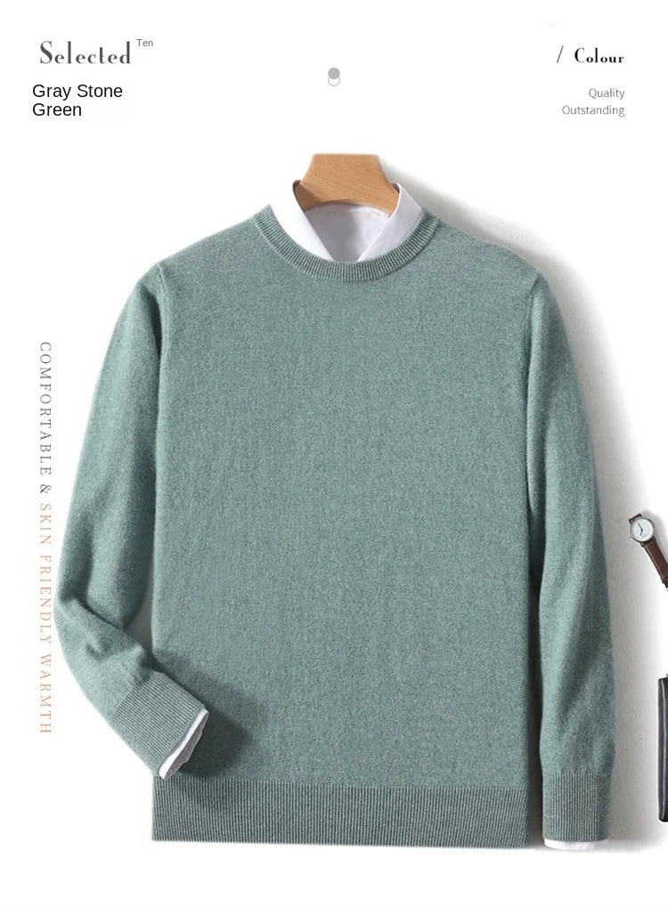2025 100% Pure Merino Wool Men's Round Neck Pullover Solid Color Plus Size Casual Sweater Autumn And Winter Sports Cashmere Top