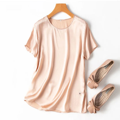 Women 100% Mulberry Silk 19 Momme half sleeve Crew Neck Top Shirt Blouse T-shirt More Colors M L XL MM4270.