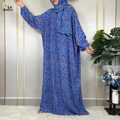 New Muslim Long Sleeved Cotton For Women Ramadan Prayer Turkey Middle East Femme Robe Floral Loose African Abaya Dress Scarfs