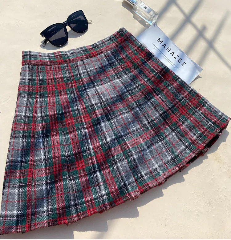 Plaid Woolen Blends Pleated Skirt For Women Fall Winter High Waist A-line Skirt Ladies Fashion Khaki Mini Skirts Vintage Female.