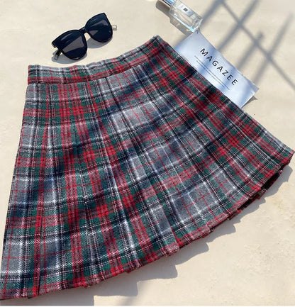 Plaid Woolen Blends Pleated Skirt For Women Fall Winter High Waist A-line Skirt Ladies Fashion Khaki Mini Skirts Vintage Female.