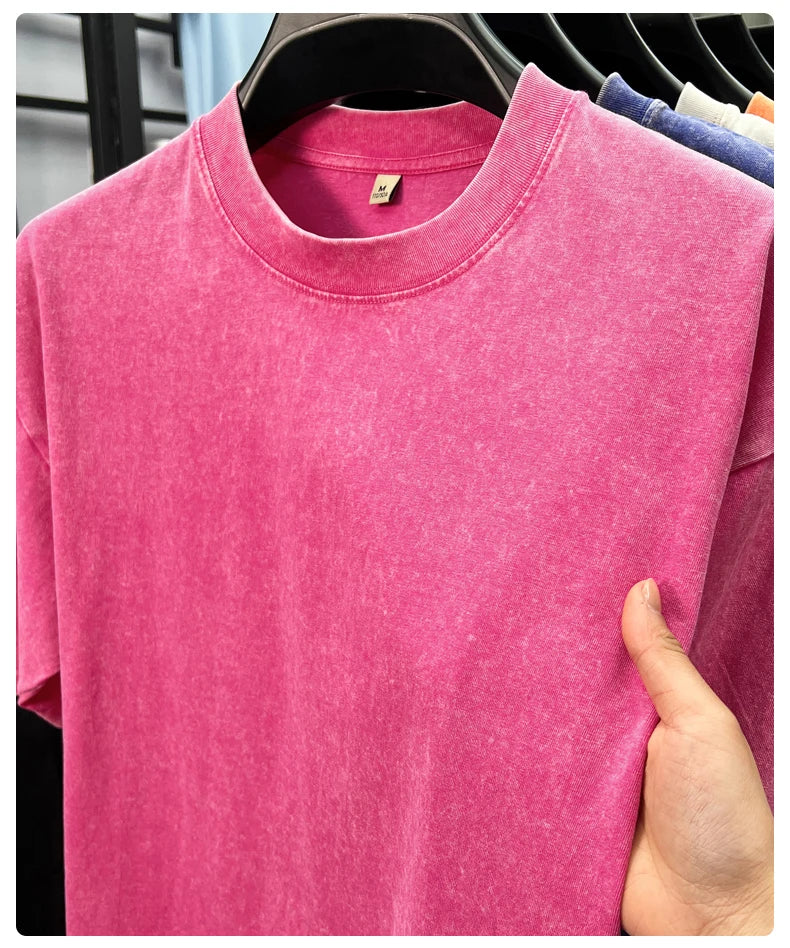 Personality washed vintage short sleeve T-shirt high-end 100% pure cotton men fashion round neck comfort lightweight casual top.