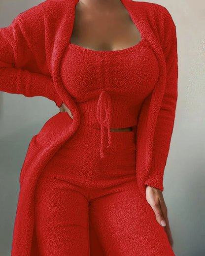 Women's Winter New Fashion Plush Pajamas Three-piece Set，Halter Short Top+high-waisted Straight-leg Pants+long Cardigan Jacket.