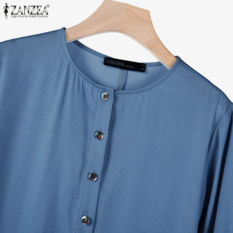 ZANZEA Muslim Women's Maxi Dress Islamic Hijab O Neck Half-Button Denim Blue Abaya Holiday Lantern Sleeve Loose Casual Vestidos.