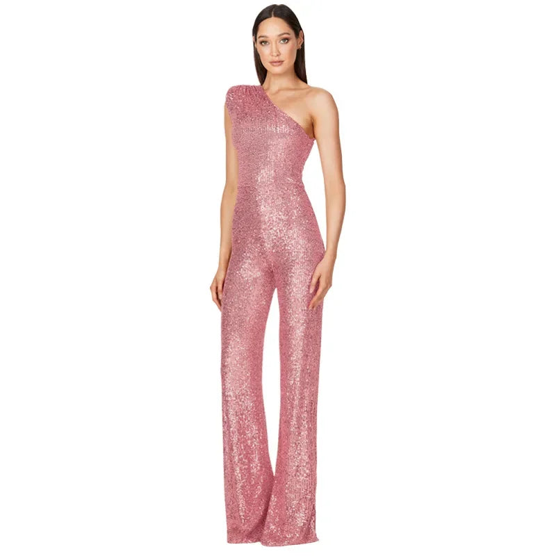 Women Elegant Long Jumpsuits Sexy Glitter Sequin Club Ladies Playsuits Slanted Collar Party Fashion Backless Solid Romper 2024