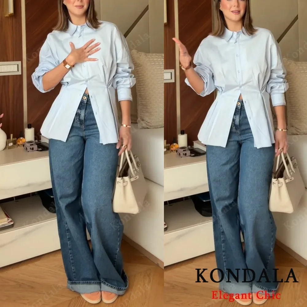 KONDALA Fall Women Elegant Blue Shirt Lapel Waist Buttons Shirt Office Lady Tops New 2025 Spring Autumn Fashion Commuter Shirt.