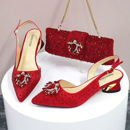 Sandals Woman Summer 2024 Hot Selling Design Pointed Toe Thin Heels Mature Ladies Shoes Matching Bag Set in Red Color