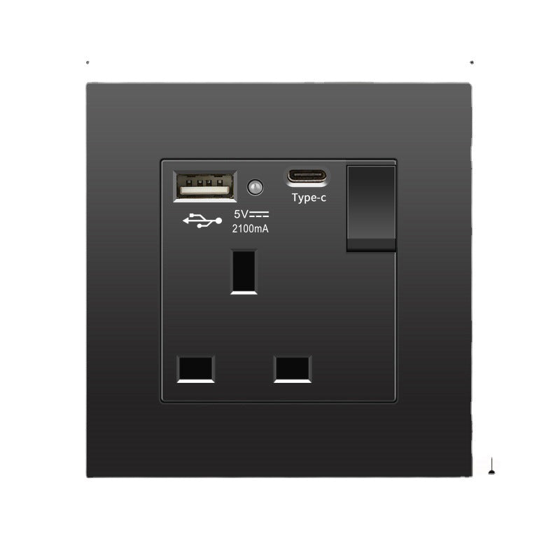 Schwarze UK 13A Wandsteckdose mit USB Typ C 18W Schnelllade-Steckdose, Wandsteckdose mit USB-Ladegerät, Schalter mit Steckdose.