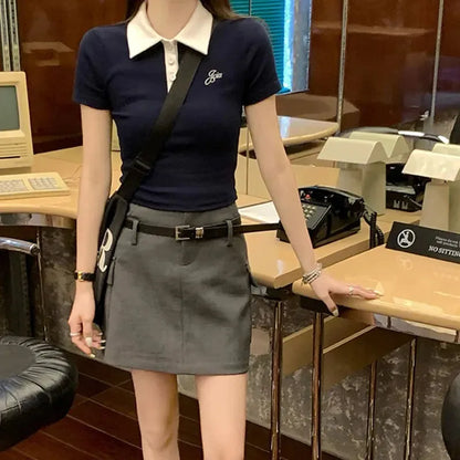 Slim Fit Short Sleeve Polo Neck T-Shirt Women's Sweet And Spicy Design Sensation Small Audience AE Stockpile Brand.