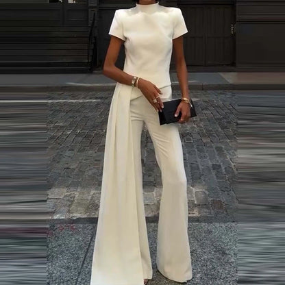 Simple Solid High Waist Straight Suit Office Elegant Party Outfit Women's Stand Collar Short Sleeved Top and Pants Two Piece Set.