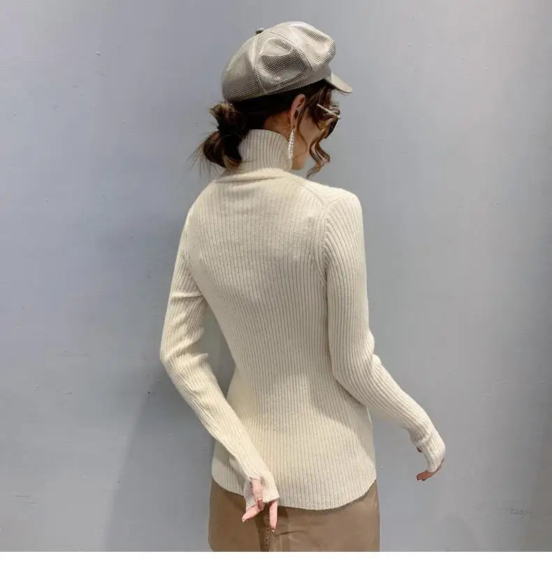 Women Clothing Fashion Elegant Turtleneck Pullover Autumn Winter Solid Slim Long Sleeve Sweater Office Lady Casual Dignified Top.
