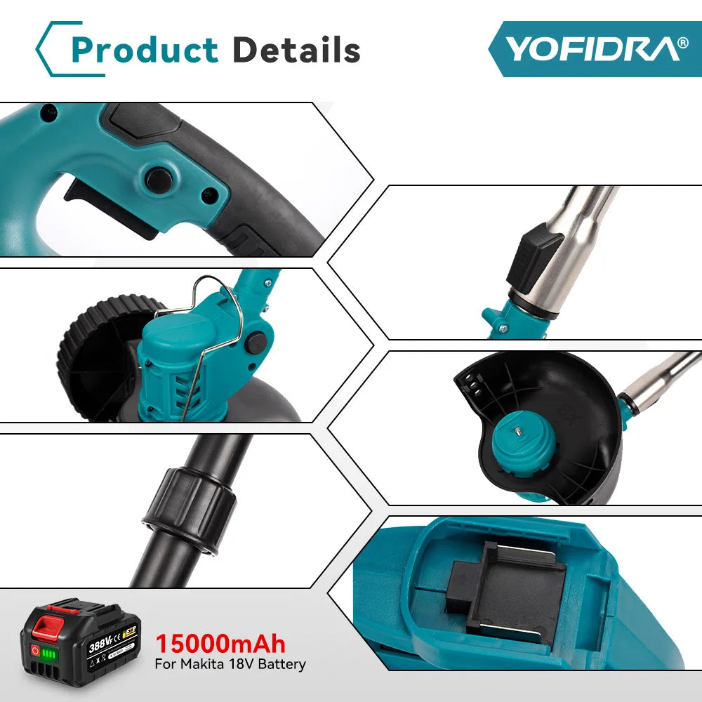 YOFIDRA 100–135 cm elektrischer Rasenmäher, 1500 W, kabellos, faltbar, Trimmer, Beschneiden, Schneiden, Garten, Elektrowerkzeug für Makita-Akku-Pin