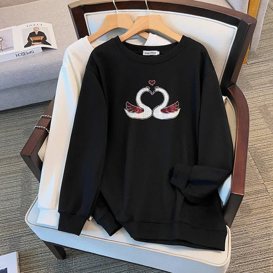 175 kg Übergröße Damen Büste 170 Herbst Lose Rundhals Langarm Diamant Schwan Sweatshirt Schwarz Weiß 5XL 6XL 7XL 8XL 9XL