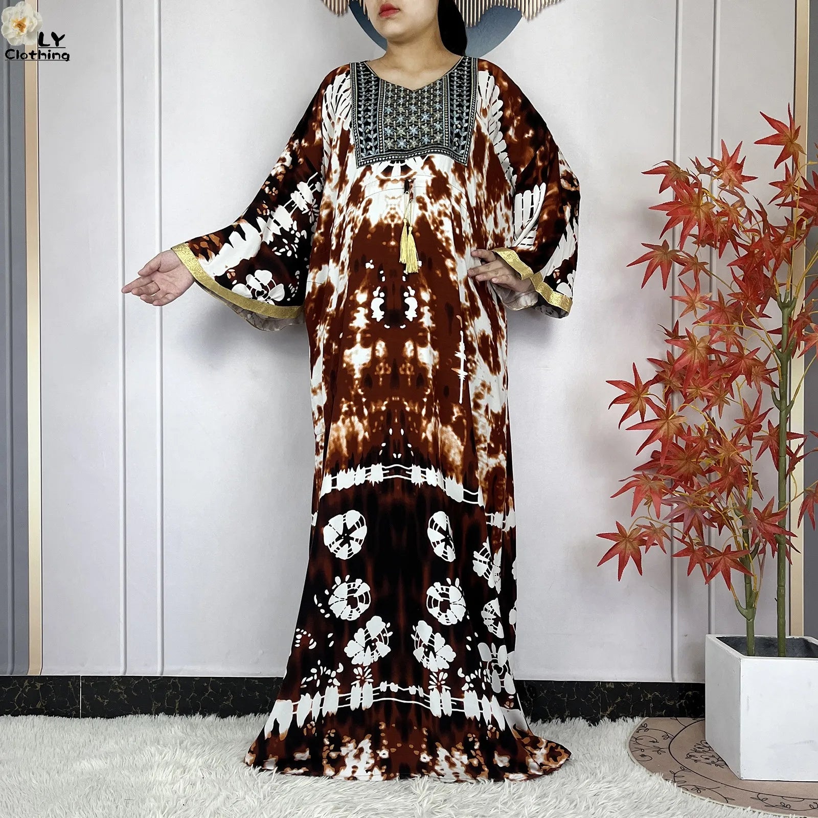 2025 New African Abaya For Women Dress Loose Batwing Sleeve Pockets High-quality Tie-dye Pure Cotton Fabric Women Islam Clothing.