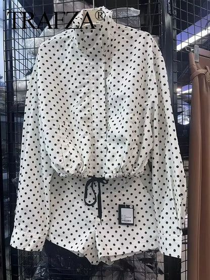 TRAFZA Herbst Polka Dot Gedruckt Jacke Für Frauen Lange Ärmel Rollkragen Zipper Mit Taschen Kordelzug Lose Vintage Mäntel