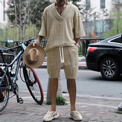 2024 Summer New Men's High Street Casual Loose Jacquard Sportswear V-Neck Short Sleeve Shorts Men's Fashion Suit