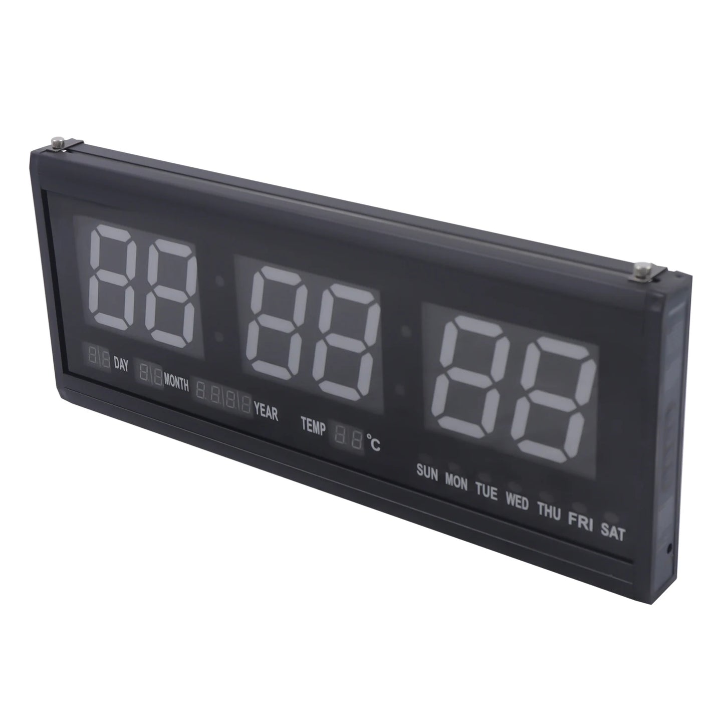 Übergroße digitale LED-Wanduhr – steckbar, automatischer Dimmer, großer Kalender und Thermometer (blau schwarz)