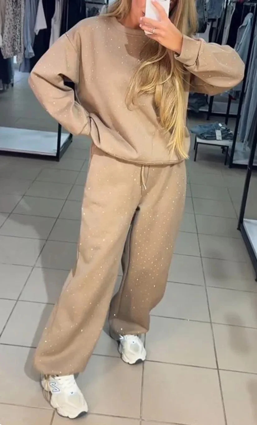 Fall Winter Rhinestone Shiny Loose Fit Set Women O Neck Sweatshirt Pullover Tie-up Pants Tracksuit Retro Loose Sport 2 Pice Set.