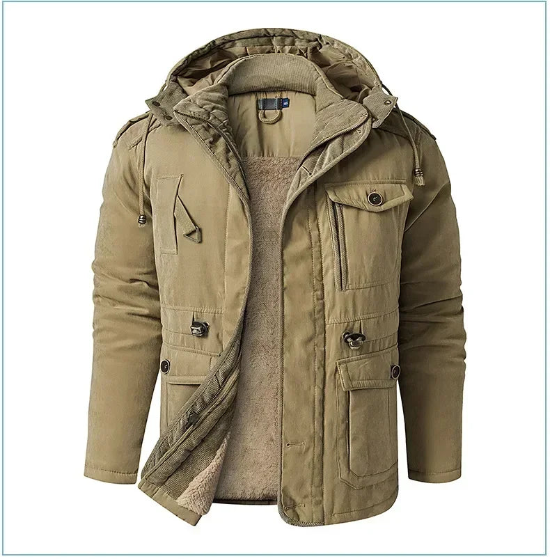 Men's Jacket WINTER USA SIZE Large SIZE Lamb Fleece JACKETS Hooded Cotton Thickened Multi Pocket Casual Mid length Coat