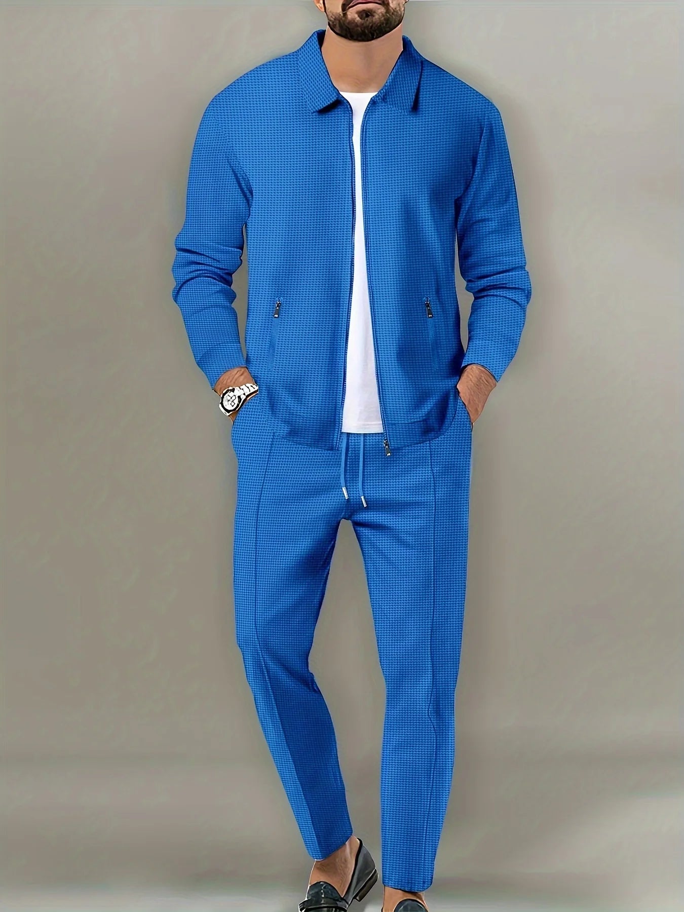 Men's Slim Fit Jacket with Zipper Pocket, Long Sleeved Sportswear, Cardigan Jacket Set, Long Pants, Elegant, two-Piece Set.