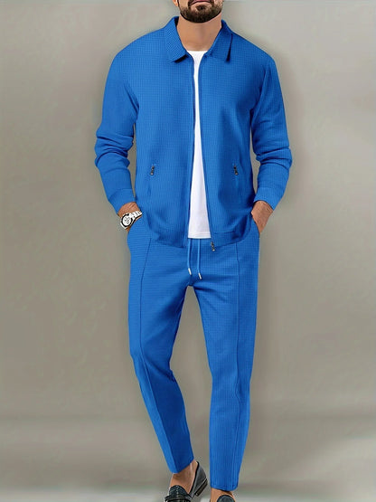 Men's Slim Fit Jacket with Zipper Pocket, Long Sleeved Sportswear, Cardigan Jacket Set, Long Pants, Elegant, two-Piece Set.