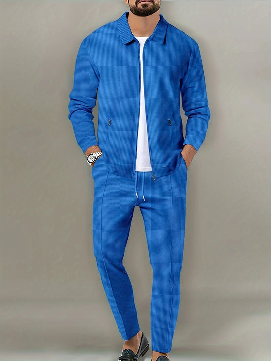 Men's Slim Fit Jacket with Zipper Pocket, Long Sleeved Sportswear, Cardigan Jacket Set, Long Pants, Elegant, two-Piece Set.