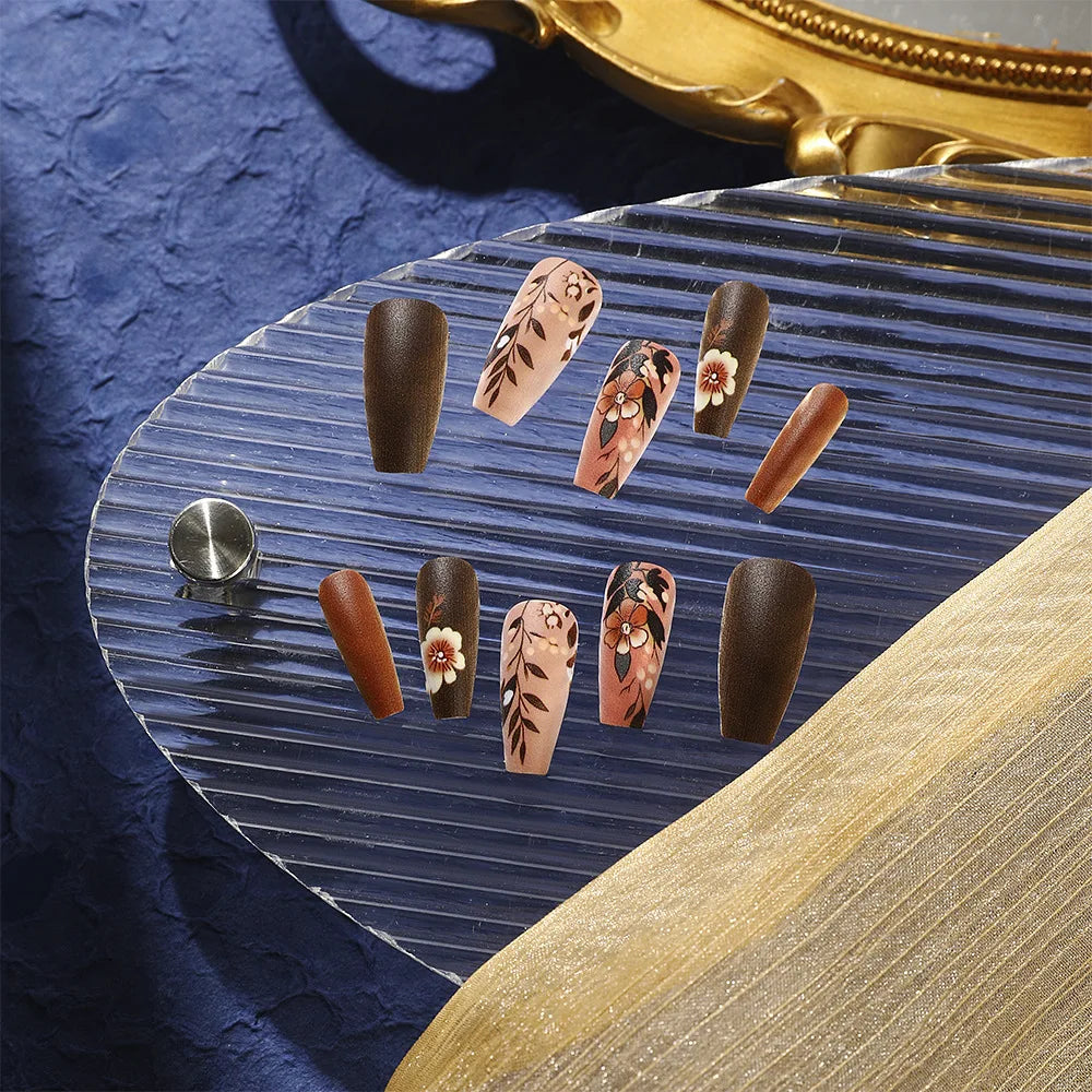 24pcs/set short medium long fake nails for Spring summer season gradient peach flowers butterfly heart press on false nail art