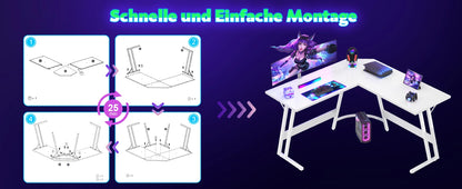 L-Form Gaming-Schreibtisch mit Monitorständer, großer PC-Computertisch für Gamer, Eckschreibtisch, Kohlefase
