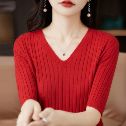 Frauen Pullover Frühling Sommer Kurzarm V-ausschnitt Strick Hemd Casual Koreanische Pullover Streifen Bodenbildung Shirt Slim Fit Jumper