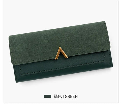 New Korean version women's wallet long V-shaped buckle three fold wallet for women, hand-held bag, change card bag.