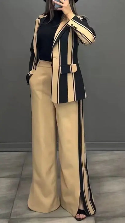 Women Striped Print Suits+pants Two Piece Sets Autumn Winter Casual Wide Leg Pants Sets Office Ladies Elegant Coats Outfits.