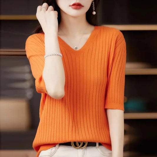 Frauen Pullover Frühling Sommer Kurzarm V-ausschnitt Strick Hemd Casual Koreanische Pullover Streifen Bodenbildung Shirt Slim Fit Jumper