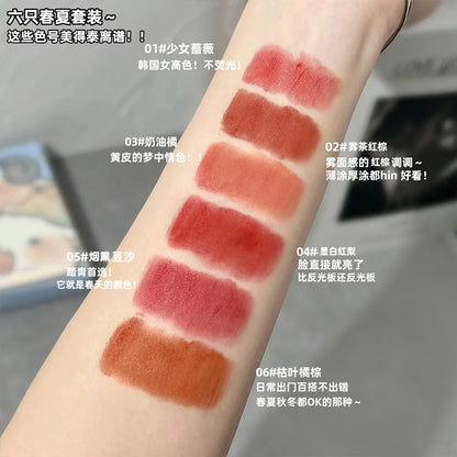 6 PCS Kawaii Lipsticks Set Free Shipping Korean Make Up Beauty Cosmetics Matte Lip Mud Waterproof Long lasting Makeup for women.
